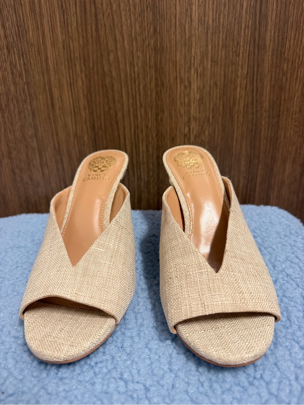 Vince Camuto Natural Beige V-Cut Open-Toe Mule Heels